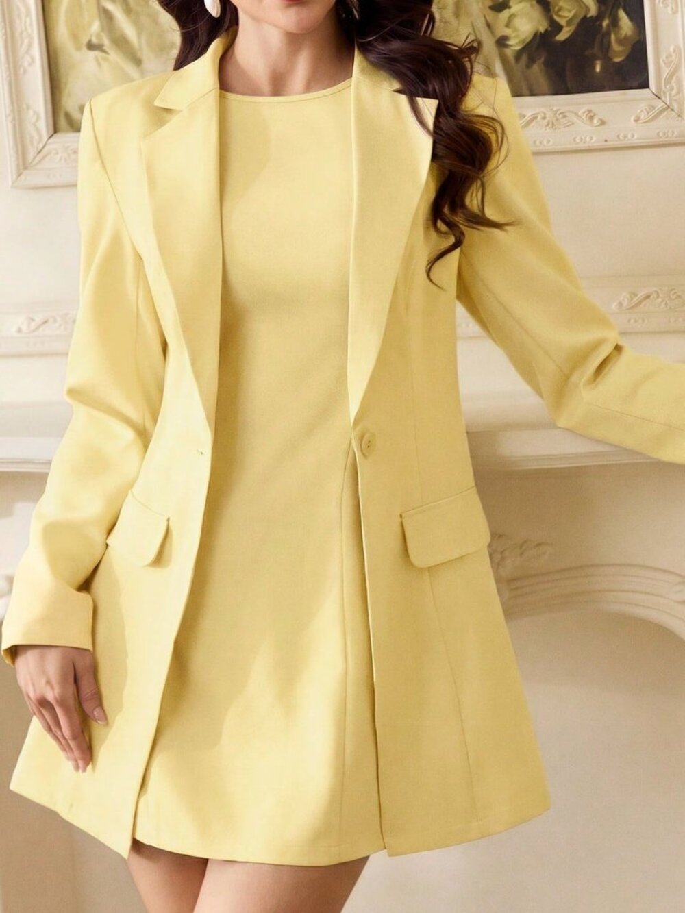 Pale Yellow Elegant Women's Suit Jacket & Dress Set - Picture 5 of 7
